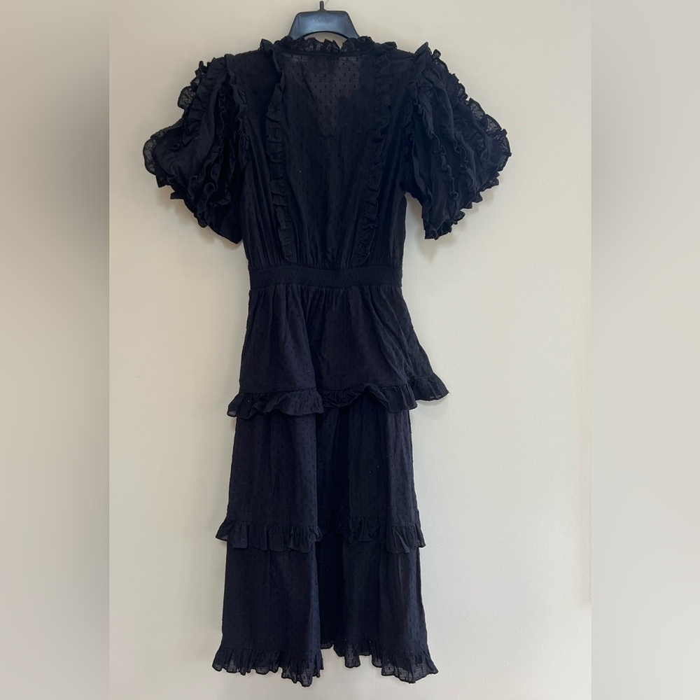 Cleobella Brigitte Midi Ruffled Bubble Sleeve Smocked Tiered Dress Black, Medium - Picture 4 of 9